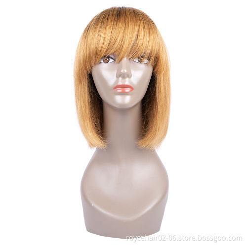 Peruvian Virgin Human Hair T1b 27 Colored Ombre Natural Blonde Short Straight Bob Wigs for Black Women with Bangs